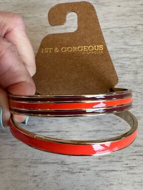 1st & Gorgeous Enamel Bangle Bracelet Set - Orange & Burgundy with Gold Tone